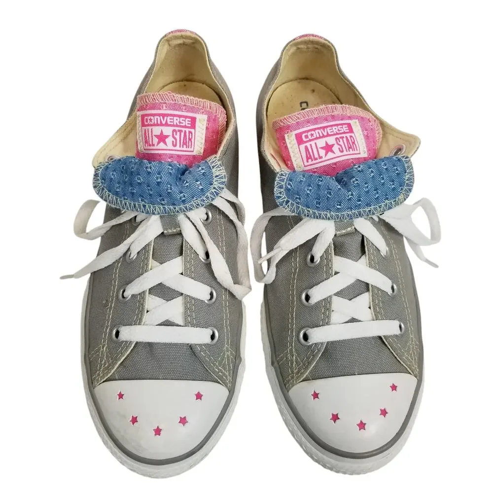Converse All Star Women's Girls Double Tongue Low Top Sneakers Gray Pink Blue - Picture 3 of 9
